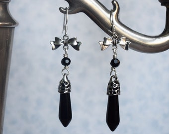 Black Obsidian or Clear Quartz Pendulum Earrings with Sterling Silver Earwires, Healing Crystal Jewellery