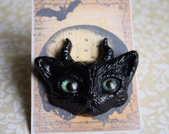 Horned Black Cat Brooch, Demon Cat Pin