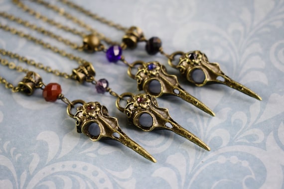 Raven Skull Pendant Necklace: Rhinestone Gothic Jewelry