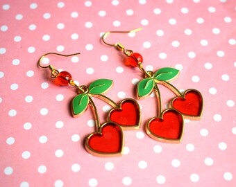 Cherry Heart Earrings, Cherry Jewellery, Heart Earrings, Rockabilly Jewellery, Retro Style