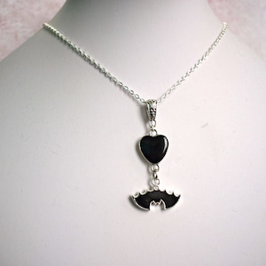 Black Bat and Heart Necklace, Bat Choker, Bat Jewellery, Halloween Jewellery