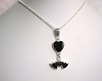 Black Bat and Heart Necklace, Bat Choker, Bat Jewellery, Halloween Jewellery