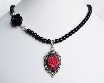 Black and Red Rose Cameo Necklace, Adjustable Beaded Necklace