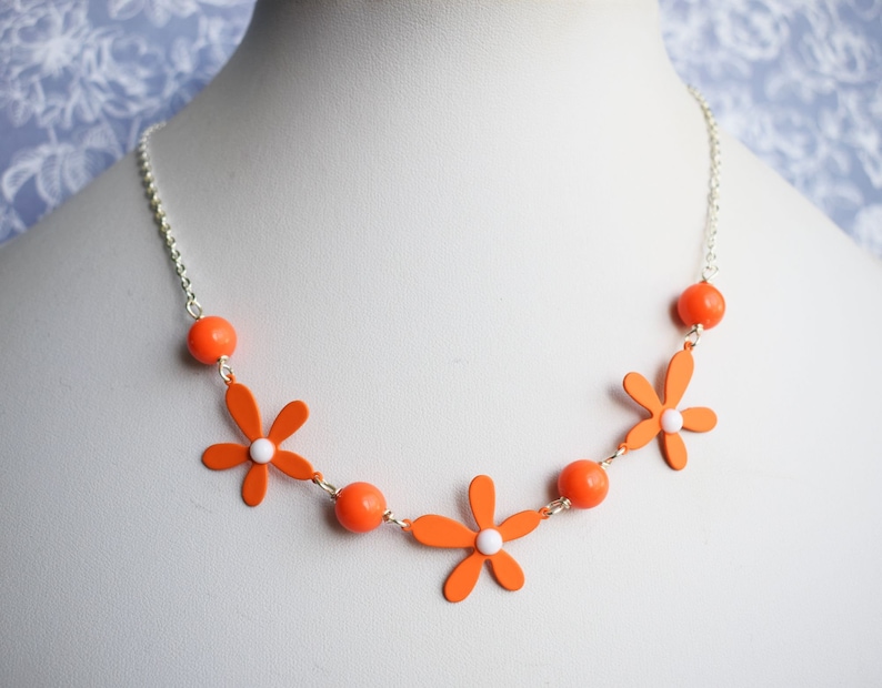 Orange Flower Necklace, Daisy Necklace, Colourful Jewellery image 1