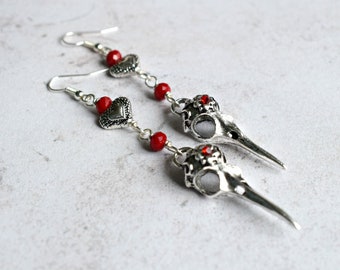 Gothic Raven Skull and Red Glass Earrings with Silver Hearts, Goth Girl Jewellery, Skull Jewellery, Skull Earrings