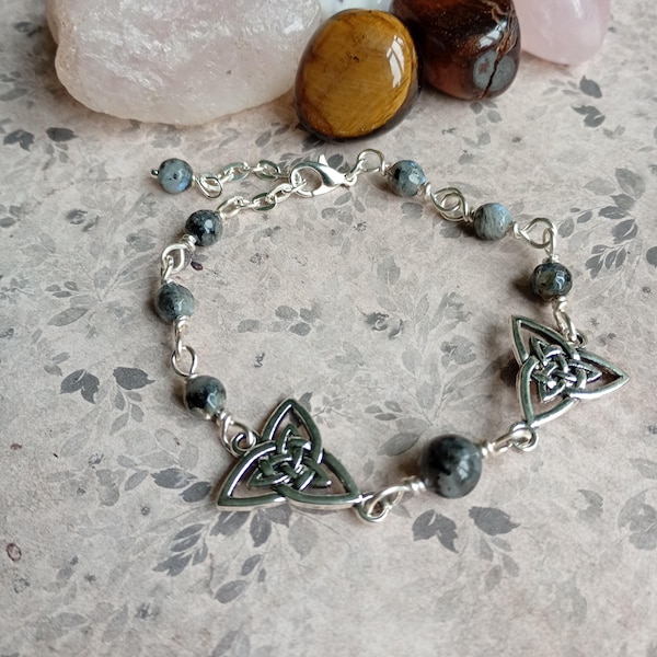 Triquetra Bracelet with Larvikite or Aventurine Beads, Celtic Trinity Knot Jewellery