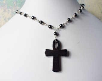 Hematite Ankh Necklace, Hematite Jewellery, Cross Necklace