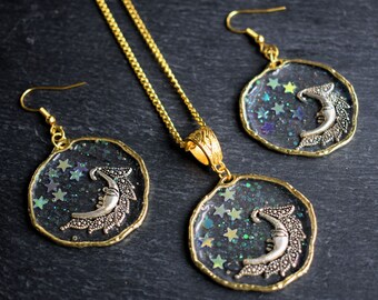 Moon and Stars Necklace and Earrings Set