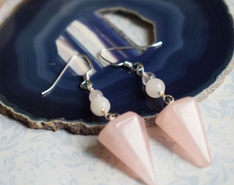 Rose Quartz Pendulum Earrings with Sterling Silver Earwires, Healing Crystal Jewellery