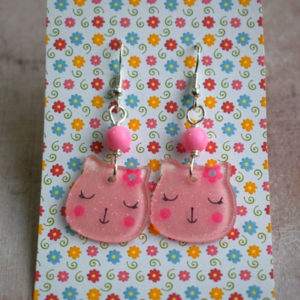 Cat Earrings, in a Choice of Pink or White, Acrylic Jewellery ,Cat Lover Gift