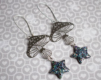 Mushroom Earrings with Galaxy Glitter Stars, Toadstool Jewellery, Cottagecore Style