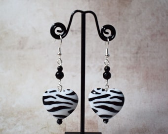 Zebra Print Heart Earrings, Animal Print Jewellery, Safari Style Accessories