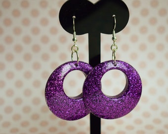 Purple Glitter Hoop Earrings, Retro Style, Resin Earrings