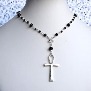 Silver Ankh Pendant Necklace with Black or Red Glass Beads, Spiritual Jewellery