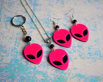 Alien Necklace, Earrings and Keyring Set, Sci Fi Jewellery