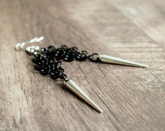 Chainmaille and Spike Earrings Black and Silver, Edgy Jewellery, Alternative Style