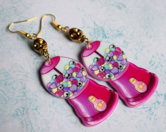 Gumball and Skull Earrings, Creepy Cute Acrylic Jewellery, Pastel Goth Style