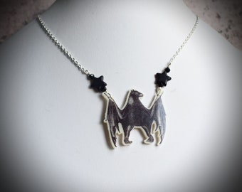 Bat and Black Stars Necklace, Acrylic Jewellery, Goth Gifts