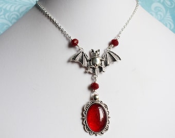 Victorian Gothic Bat and Pendant Necklace with Blood Red Cabochon, Alt Jewellery