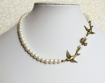 Swallow and Glass Pearl Beaded Necklace, Vintage Style Summer Wedding Jewellery