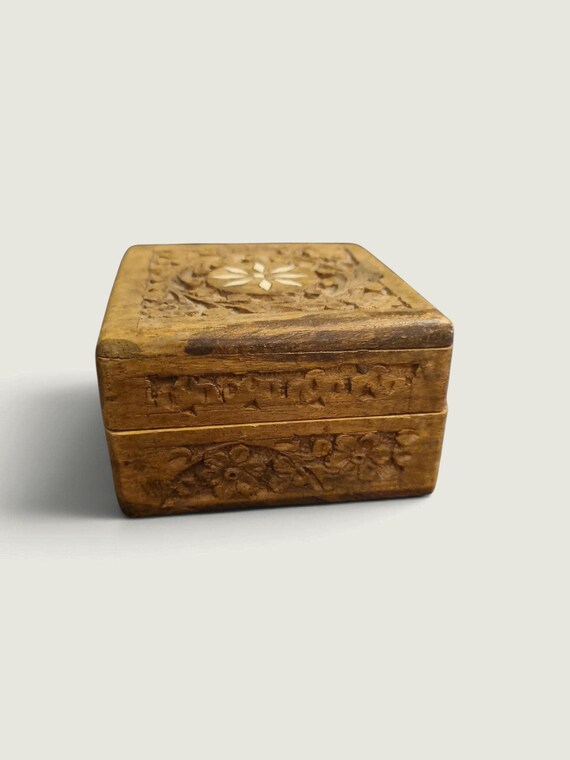 Hand-Carved Vintage Wooden Jewelry Box | Keepsake Box with Inlay