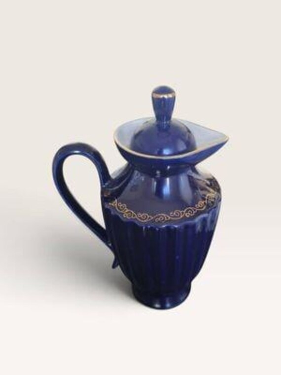 Vintage Dulevo Russian Cobalt Blue & Gold Porcelain Pitcher | Coffee Pot