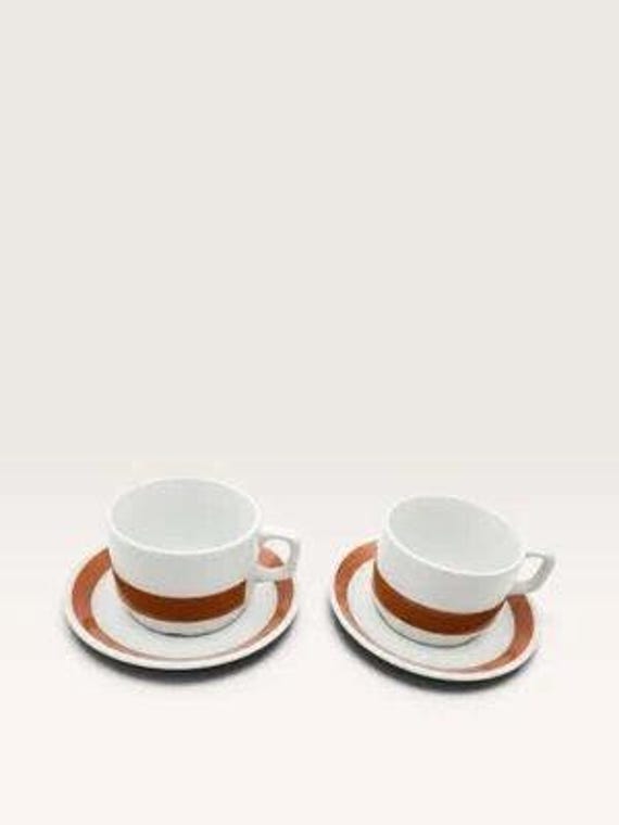 Pair of Vintage Porsgrund Coffee Cups & Saucers – Brown Stripe