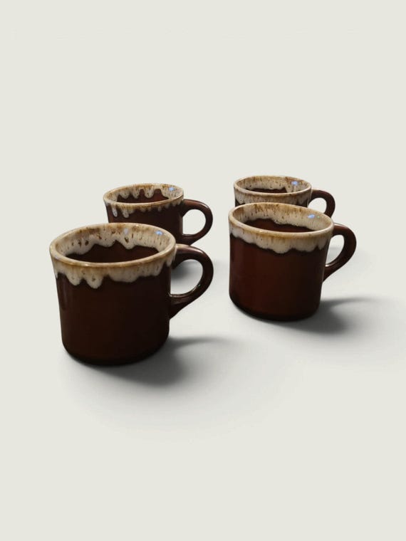 Set of 4 Vintage Coffee Mugs – Brown & Cream Drip Glaze