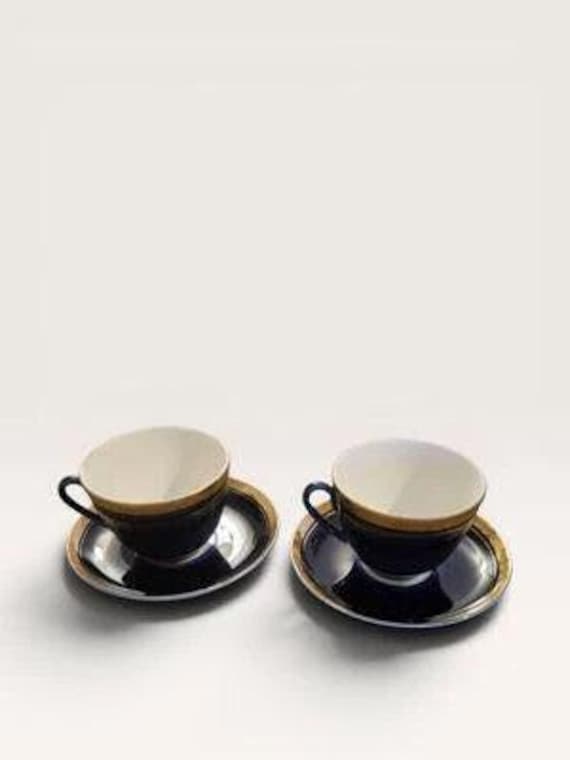 Pair Of Vintage Lomonosov (Lfz) Cobalt Blue &Amp; Gold Porcelain Cups With 6 Saucers
