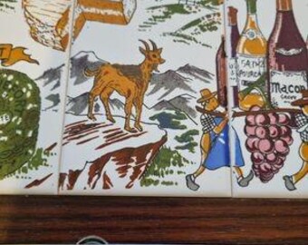 Mid-Century French Cheese Board Set - Decorative Tiles &amp; Knife