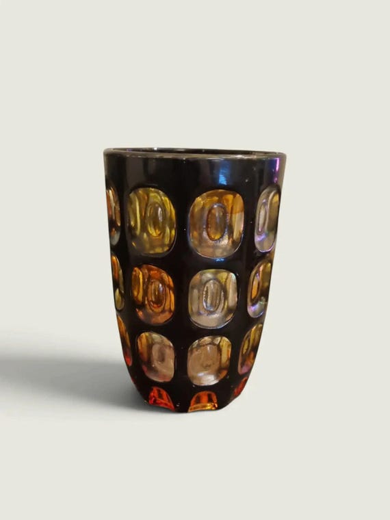 Mid-Century Modern Amber & Dark Glass Votive | Tumbler with Cut Lens Detail