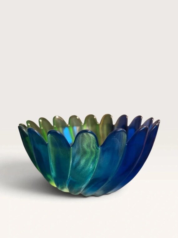 Iridescent Blue & Green Glass Bowl – Scalloped Petal Design