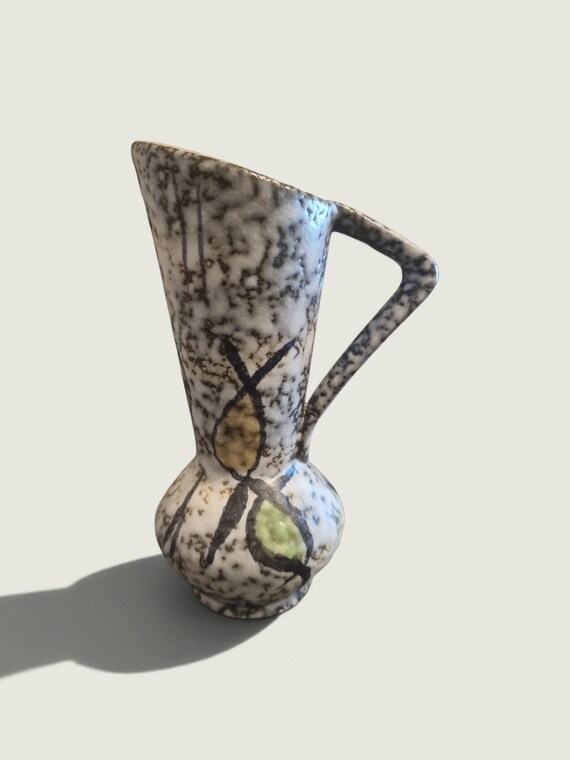 Vintage German Ceramic Jug Vase – Abstract Pattern & Yellow Interior – 14.5 cm
