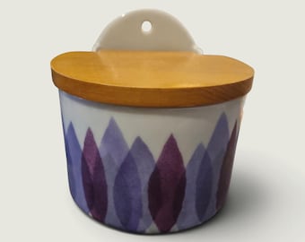 Ceramic Wall Storage Jar with Wooden Lid – Purple Leaf Pattern