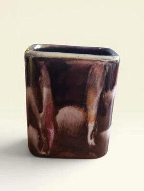 Vintage West Germany Mini Ceramic Vase - Brown & Pink Drip Glaze Likely 1970s