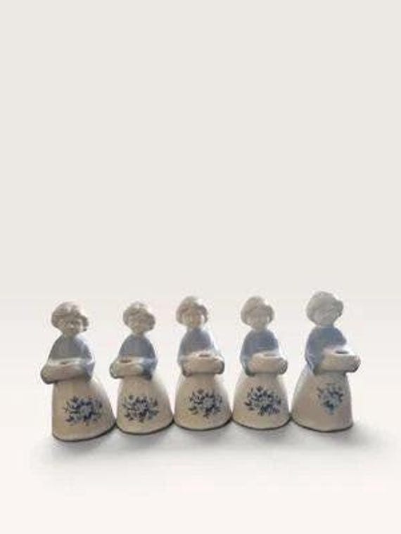 Set of 5 Vintage Blue & White Porcelain Angel Candle Holders - Nordic Christmas