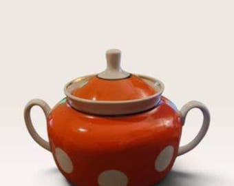 Vintage Dulevo Porcelain Sugar Bowl - Red &amp; White Polka Dot Pop Art