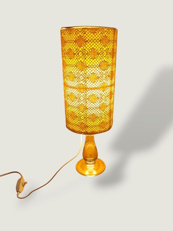 Vintage Glass Table Lamp with Yellow Lace Shade