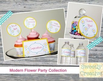 Modern Flower Printable Party Collection - INSTANT DOWNLOAD - Digital Party Supplies and Decor