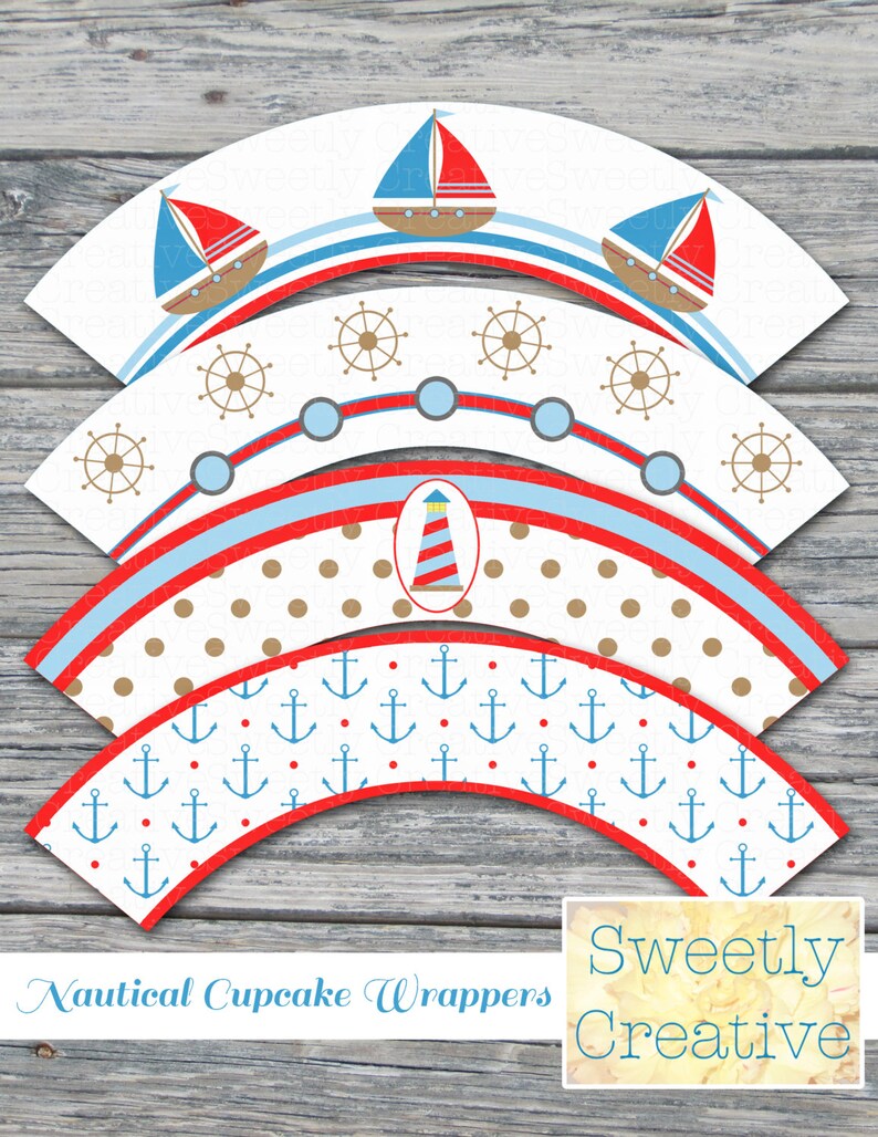 Nautical Cupcake Wrappers With Sailboat Lighthouse Anchor Etsy