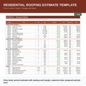 Offertesjabloon voor dakwerkzaamheden in Excel | Offerteformulier voor residentiële daken, shingles & metaal, materiaalbestelling, klantvoorstel en kostenraming
