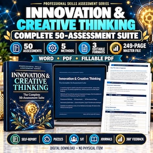 Peut inclure: Un ensemble d'évaluation numérique intitulé Innovation & Creative Thinking, comprenant un fichier maître de 249 pages, 50 évaluations, 5 méthodes et 3 formats modifiables dont Word, PDF et PDF remplissable, affiché sur une couverture et un écran.