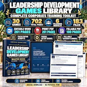 May include: A digital leadership development games library toolkit featuring a master book, tablet display, and training documents. Text includes Leadership Development Games Library, 30 games, 702 total pages, 6 training modules, 183 files, and digital download no physical item.