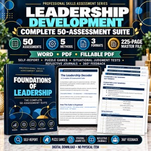 May include: A digital leadership development assessment suite featuring a 225-page master file, 50 assessments, 5 methods, and 3 formats including Word, PDF, and fillable PDF. The set includes a book cover, a tablet screen, and assessment pages.