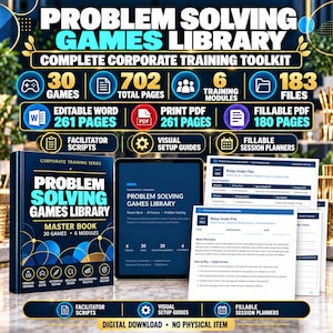 Può includere: Un kit di strumenti per la formazione aziendale intitolato Problem Solving Games Library, che include un libro principale, un tablet con l'interfaccia della libreria e documenti stampati come guide per facilitatori e pianificatori.