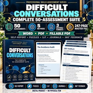Paquete de actividades y evaluación para conversaciones difíciles, plantillas de capacitación para el personal, hojas de trabajo de aprendizaje y desarrollo, programa de habilidades interpersonales.
