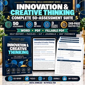 Innovation creative thinking assessment & activities bundle, corporate training workbook templates, human resources development worksheets.