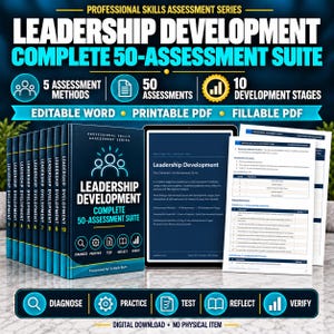 May include: A digital leadership development assessment suite featuring ten dark blue binders, a tablet displaying assessment content, and printed documents. The text includes Professional Skills Assessment Series, Leadership Development, and Complete 50-Assessment Suite.