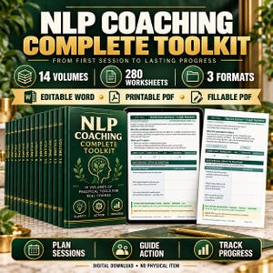 May include: A digital NLP Coaching Complete Toolkit featuring 14 volumes, 280 worksheets, and 3 formats including editable Word, printable PDF, and fillable PDF. The set includes a book cover design, two sample worksheets, and text headers.