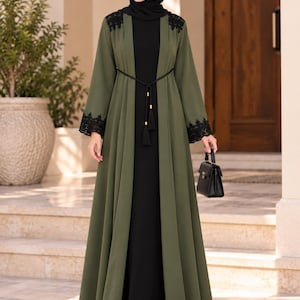 前開きアバヤ（女性用）、レース袖着物、控えめなムスリムマキシドレス、イスラム服、イード衣装